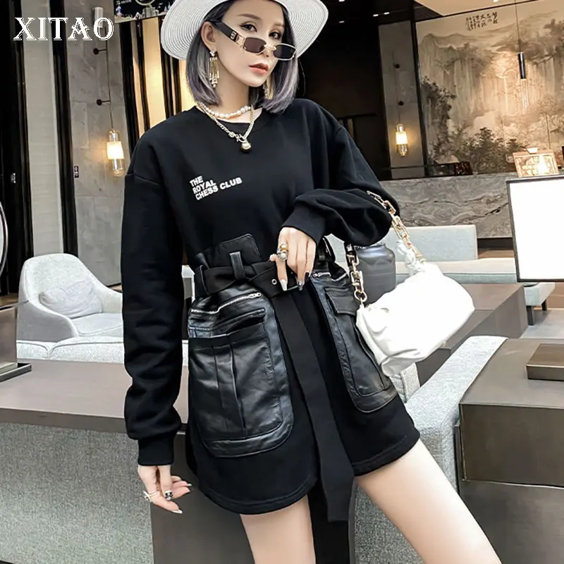 

XITAO Patchwork Pockets Letter Dress Women Spring Casual Fashion New Style Temperament All Match O Neck Women Clothes ZY5765