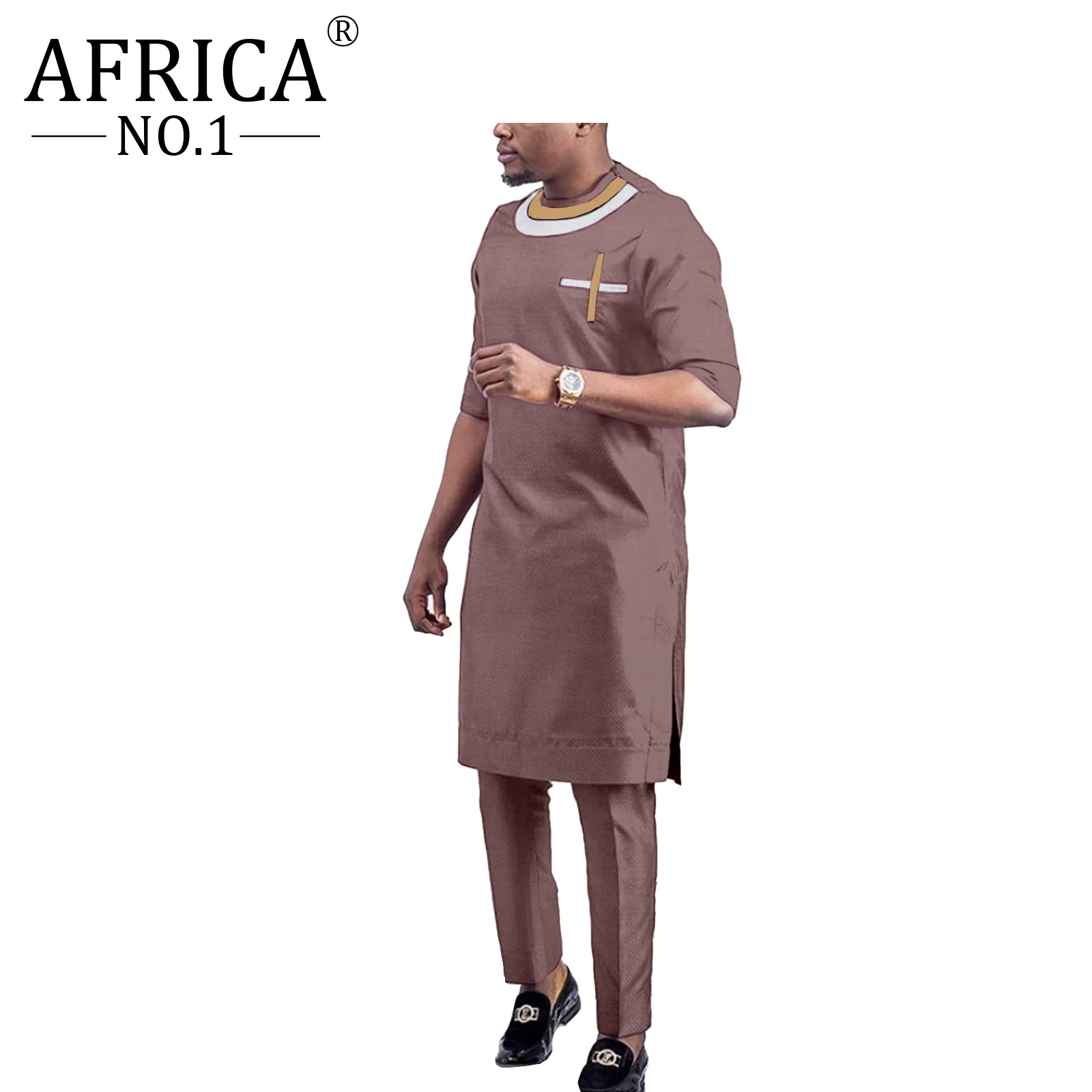 African Clothes For Men Rich Bazin Long Sleeve Dashiki Solid Color Crew Neck Robe Traditional Contracted Design Shirts and Pants