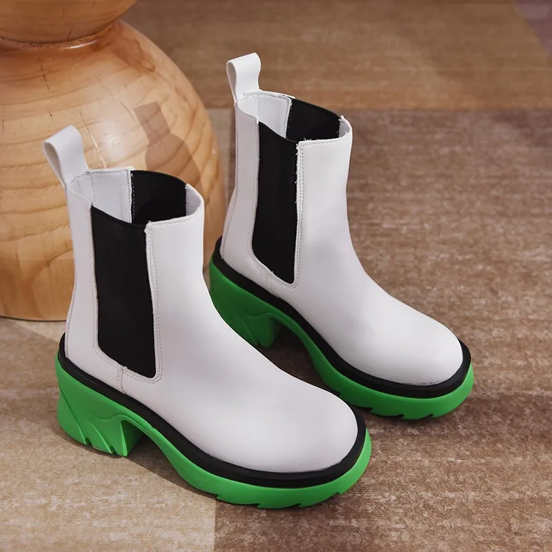 

Autumn Boots Women Slip on Ankle Mid Calf Boots Platform Non Slip PU Leather Soft Thick-soled Large Size Ladies Elastic Boots