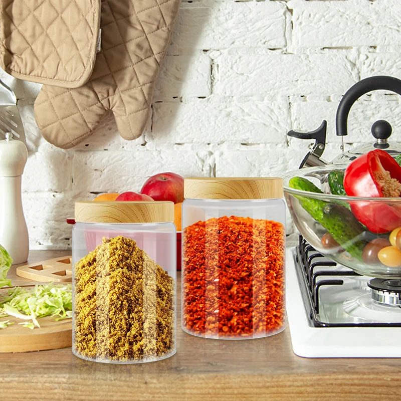 

Big Sale! Multifunction Food Storage Container Tank Sealed Cans Clear Plastic Jar Lids Wood Color Empty Cosmetic Containers