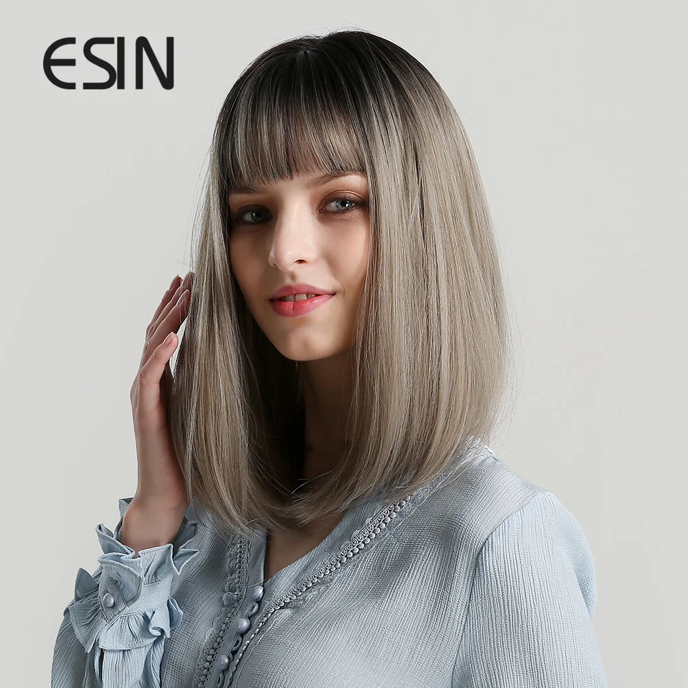 ESIN средней длины прямой синтетический парик с челкой черный корень Омбре серые