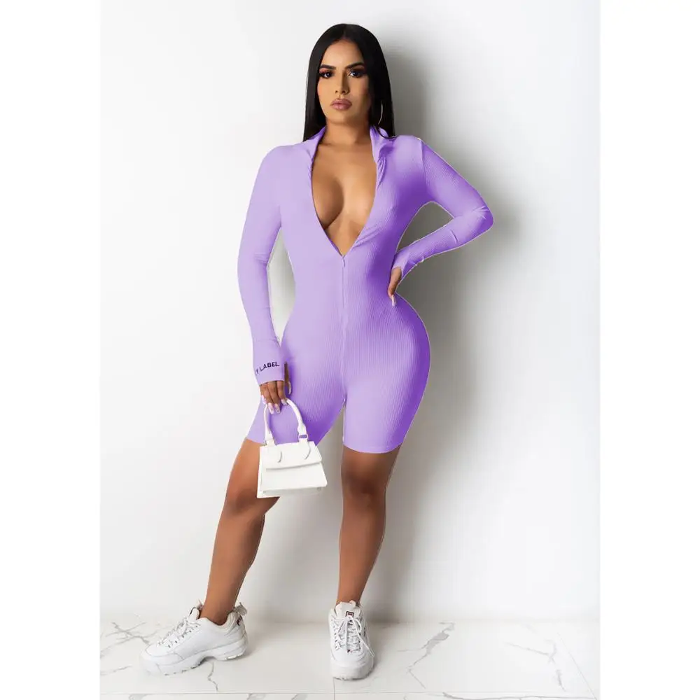 Женский трикотажный комбинезон в рубчик с длинным рукавом на молнии|Комбинезоны