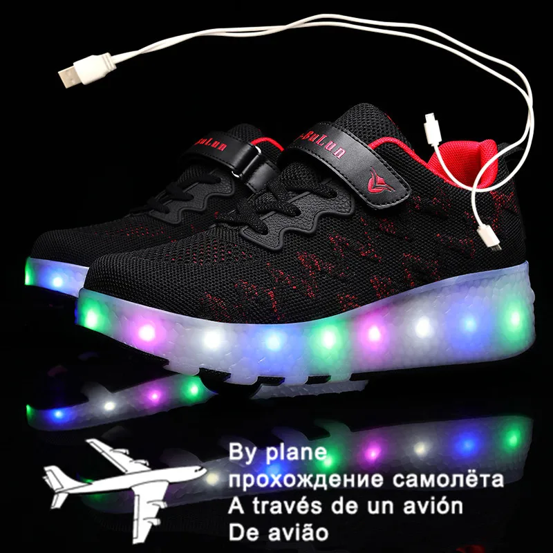 

Children Two Wheels Luminous Glowing Sneakers Black Red Pink Led Light Roller Skate Shoes Kids Led Shoes Boys Girls USB Charging