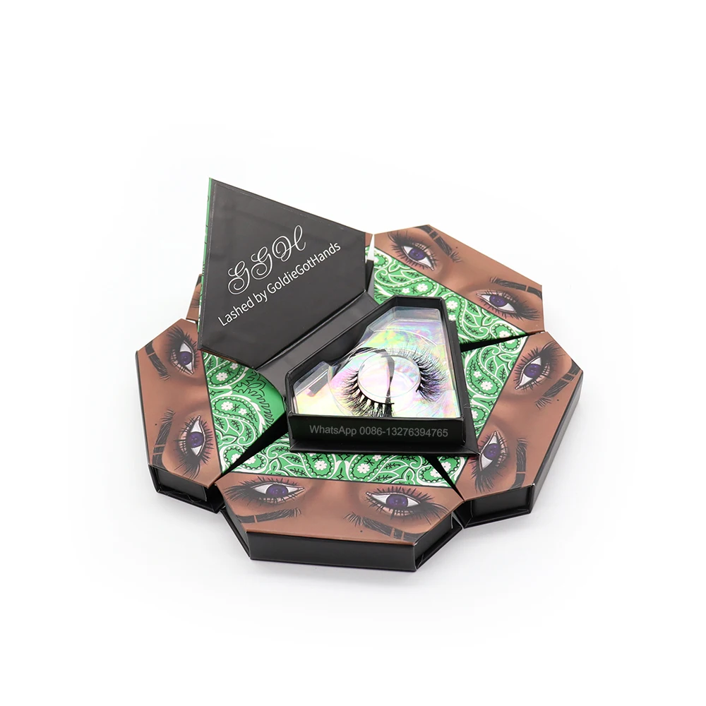 

Green Bandana Diamond Eyelash Case With Tray Nature Lashes 20mm 3D Mink Lashes Wholesale Custom Lashbox Packaging With Logo