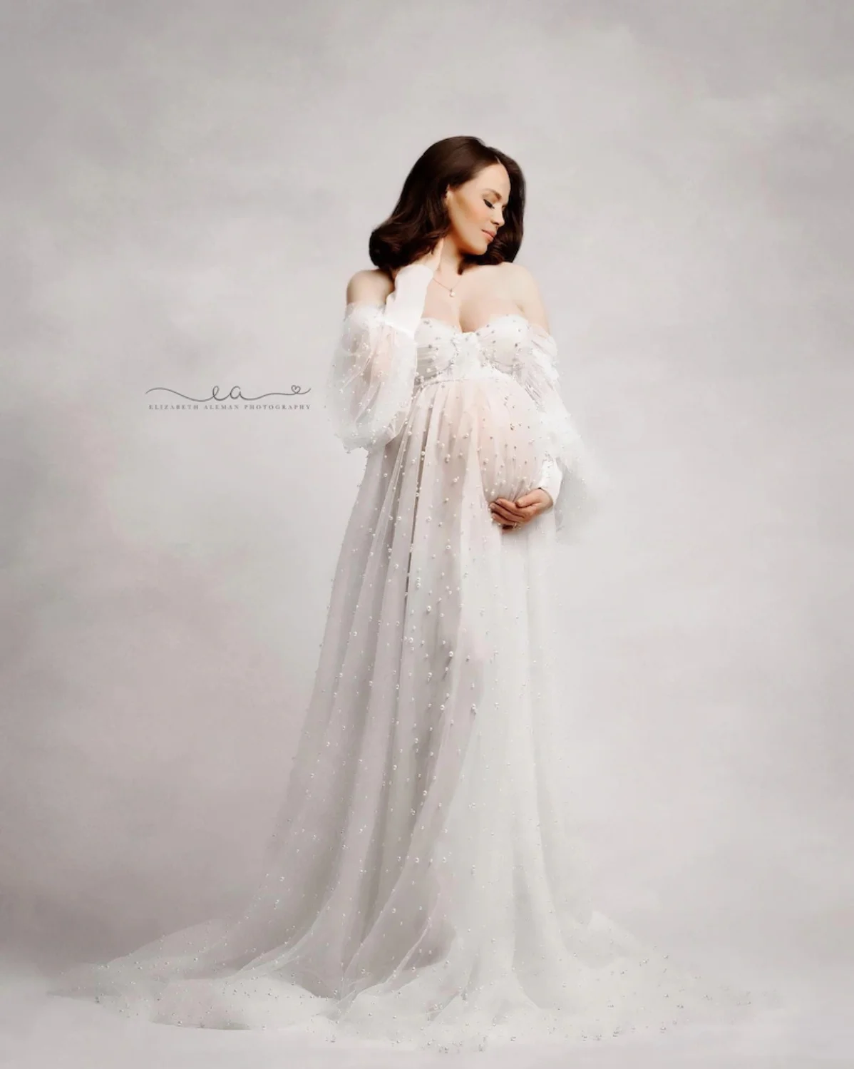 Жемчужные тюлевые платья для беременных с открытыми плечами ТРАПЕЦИЕВИДНОЕ