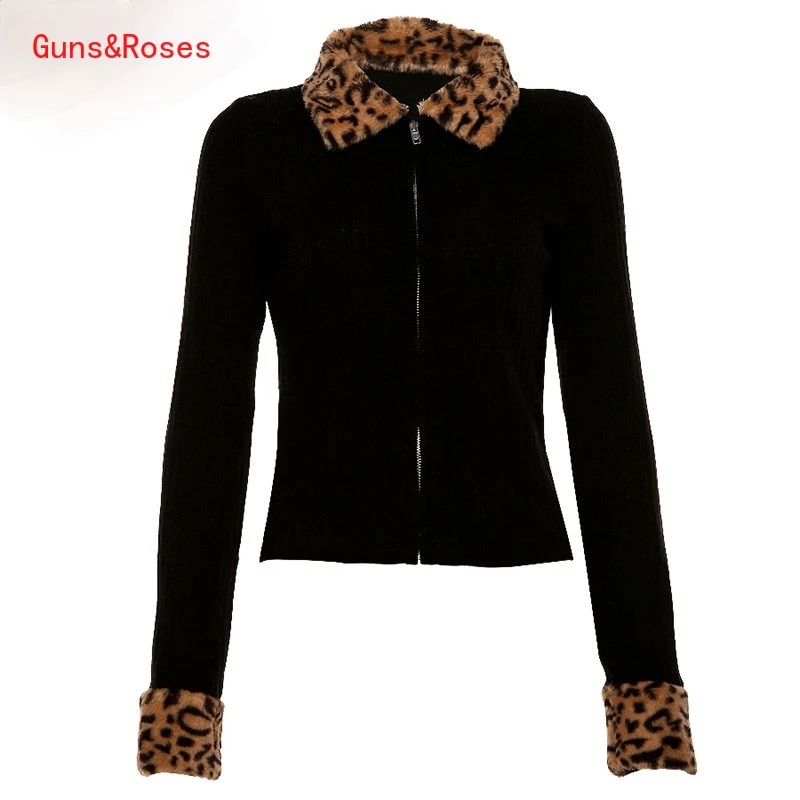 

Autumn Winter Zipper Leopard Women Jackets Female Sweater Coat New Black Turndown Collar Long Sleeve Outerwear Hot Sale
