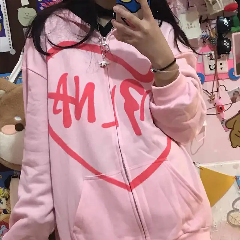 

Kawaii Zip Up Hooded Sweatshirts harajuku Women 2021 Pockets Oversized Hoodie Autumn Y2K Aesthetic Long Sleeve Female Jacket top