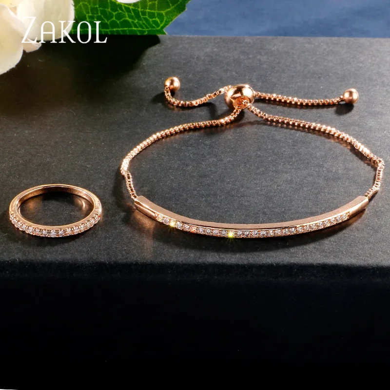 Rose set ZAKOL новости регулируемый браслет кольцо Набор для женщин пленительный бар слайдер Блестящий CZ циркония ювелирные изделия Pulseira Feminia FSSP3019 - Окраска металла: Rose set