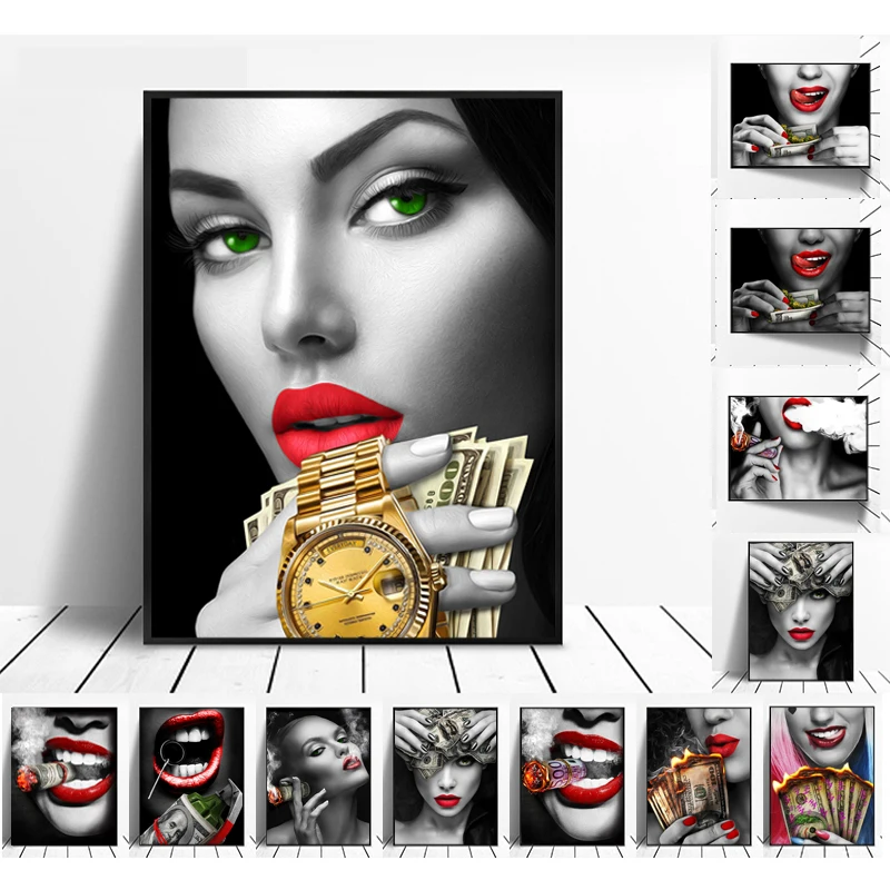 

2021 Wall Art Poster Red Lips Smoking Woman Watch Picture Burning Dollars Money Canvas Painting Home DecorationLiving Room