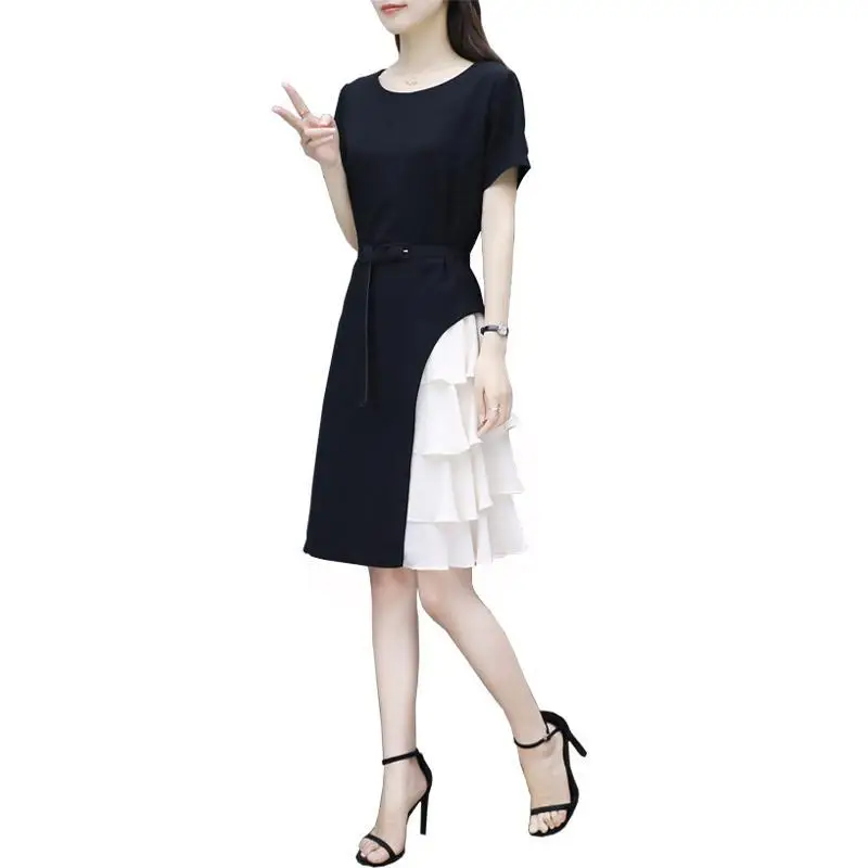 

Fashion For Summer Women's Dress O-Neck Short Sleeve A-Line Women's Dress Patchwork Black White Elegant Female Clothes SS3399