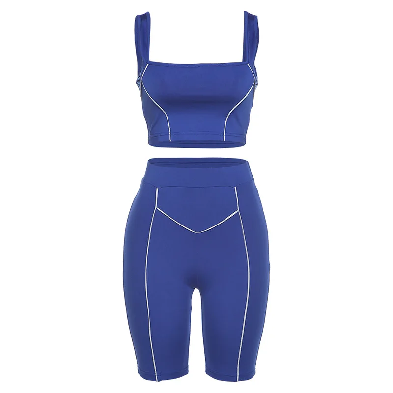 

92S1736635 Summer fashion and leisure new women's reflective strip splicing sports fitness suit two piece set