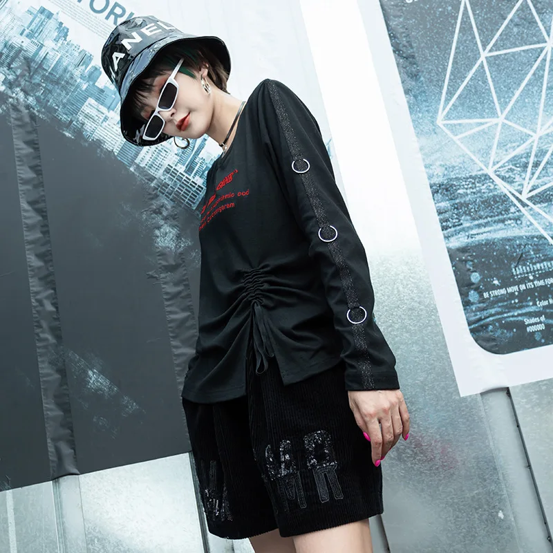 

Korean Harajuku Ladies Spring Tops Tee Womens Printed T Shirt Vintage Punk Clothes Female Black Long Tshirt Metal Ring LT445S30