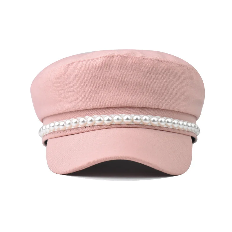 Женский однотонный демисезонный берет с цепочкой и жемчужинами | Аксессуары для