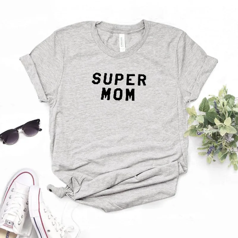 Серый Женская футболка с принтом SUPER MOM, хлопковая Повседневная забавная футболка, подарок для леди Yong Girl, уличный Топ, футболка, 6 цветов, MF-12 - Цвет: Серый