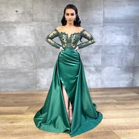 green mermaid evening dress with detachable skirt sheer o neck long sleeves side slit saudi arabic prom dresses pageant gown