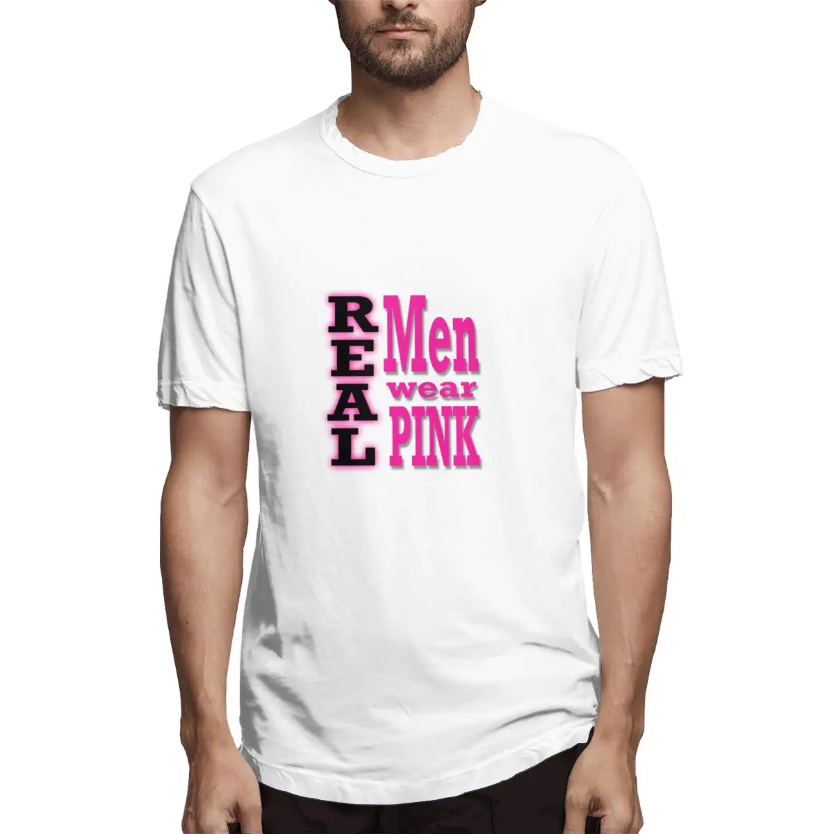 

Real Men Wear Pink - Black & Pink Text Graphic Tee Men's Short Sleeve T-shirt Funny Tops