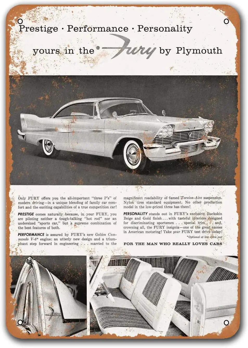 

1958 Plymouth Fury Old Car Tin Sign, Sisoso Vintage Metal Plaques Poster Bar Man Cave Retro Wall Decor 12 X 8 Inches