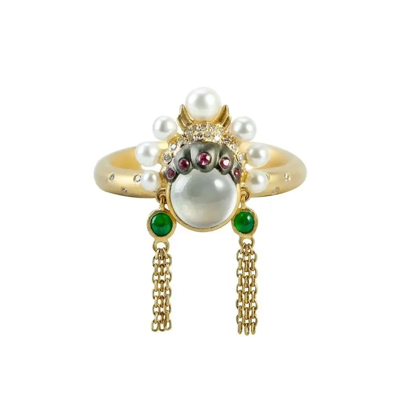 

High Ice Transparent Chalcedony Egg Noodle Ring S925 Sterling Silver Inlaid Diamond Elegant Unique Retro SATINE