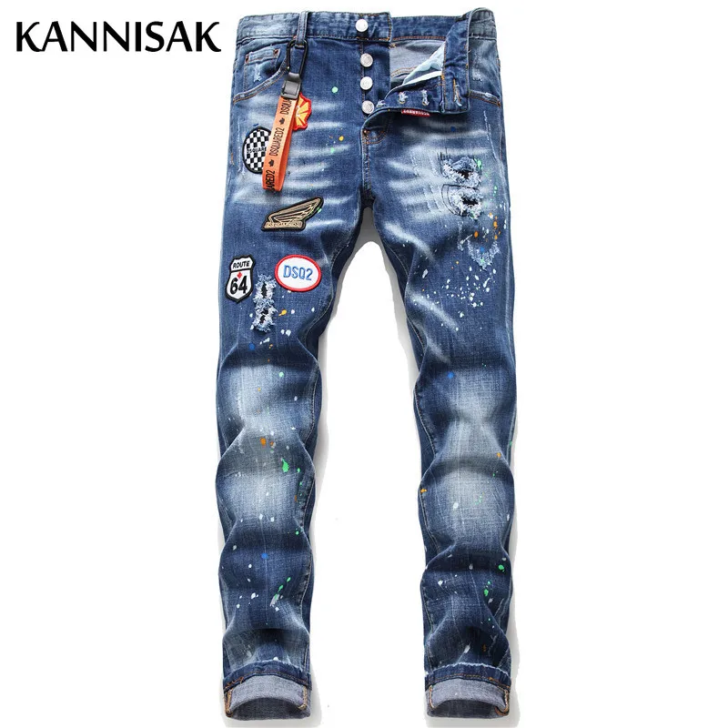 

New 2021 Men Jeans Appliques Button Fly Full Length Pencil Pants Blue Fashion Ripped Distressed Street Wear Denim Man Trousers