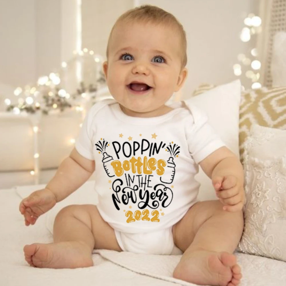 Poppin Bottles In The New Year 2022 Newborn Boys Girls Romper Fashion Short Sleeve Bodysuit Unisex Infant Jumpsuit New Year Gift