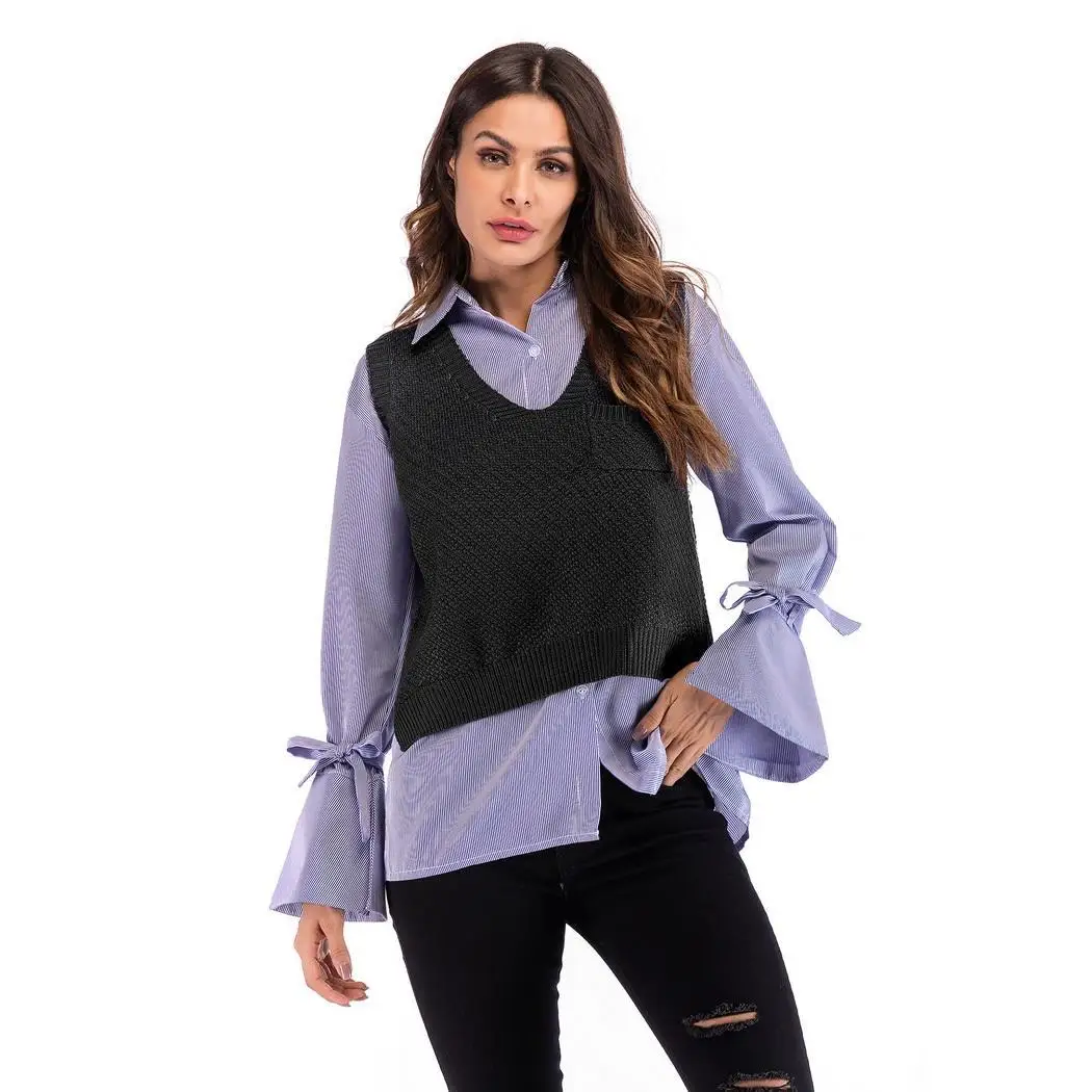 Женский модный Повседневный однотонный вязаный свитер без рукавов с v образным