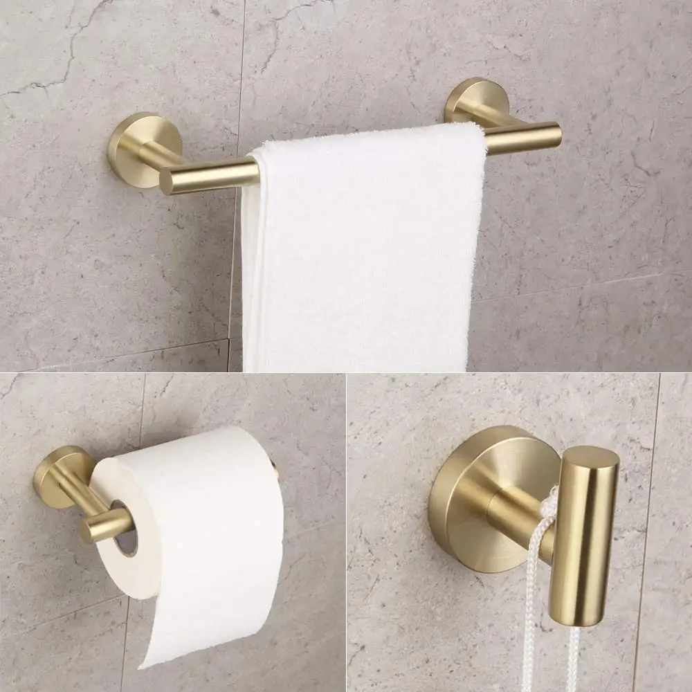 Bathroom Brushed Gold 3-Piece Accessories Set SUS304 Stainless Steel Bath set (paper holder towel ring robe hook) | Обустройство дома