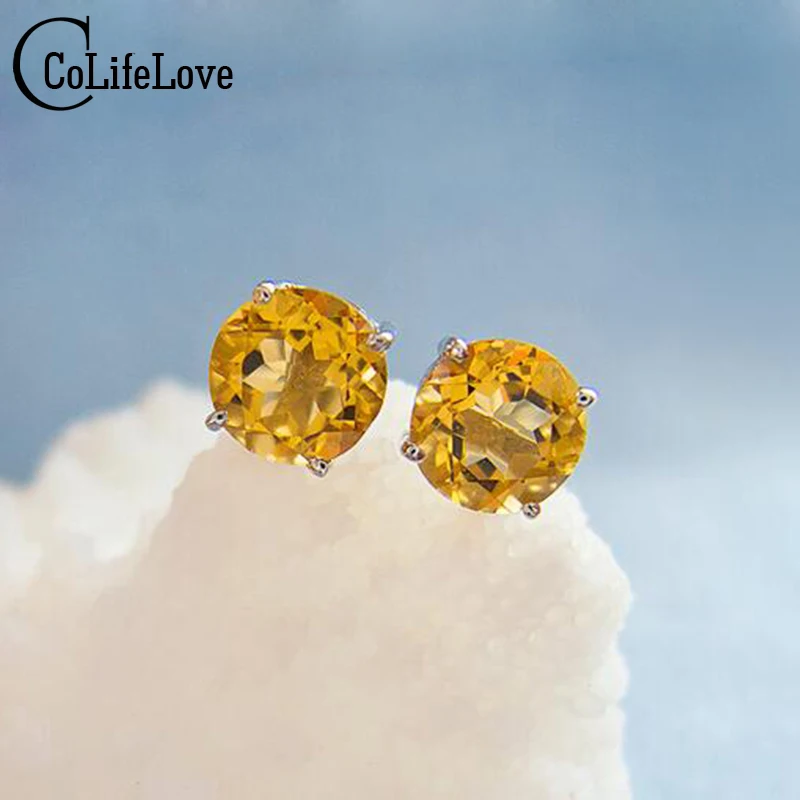 Женские серьги-гвоздики из серебра 925 пробы с натуральным цитрином в подарок на