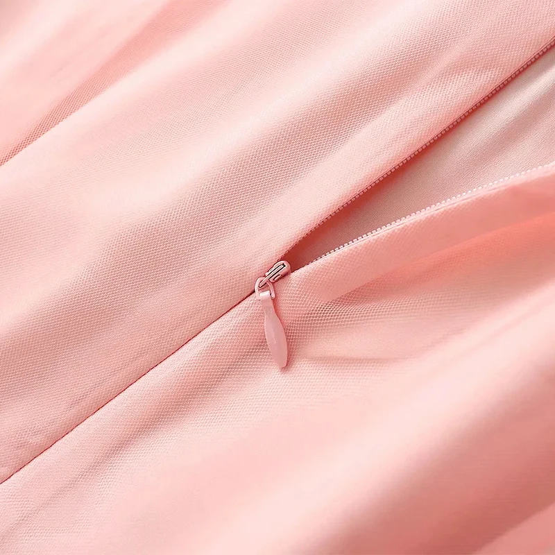 

AELESEEN Runway Fashion Pink Dress 2021 Women Spring Summer Flare Sleeve Flower Embroidery Mesh Elegant Party Holiday Dresses