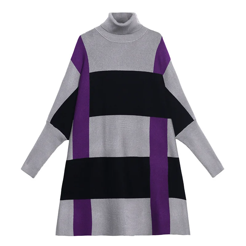 

CHICEVER Casual Pullovers For Women Turtleneck Batwing Long Sleeve Geometric Hit Color Oversized Knitted Sweater Female 2020 New