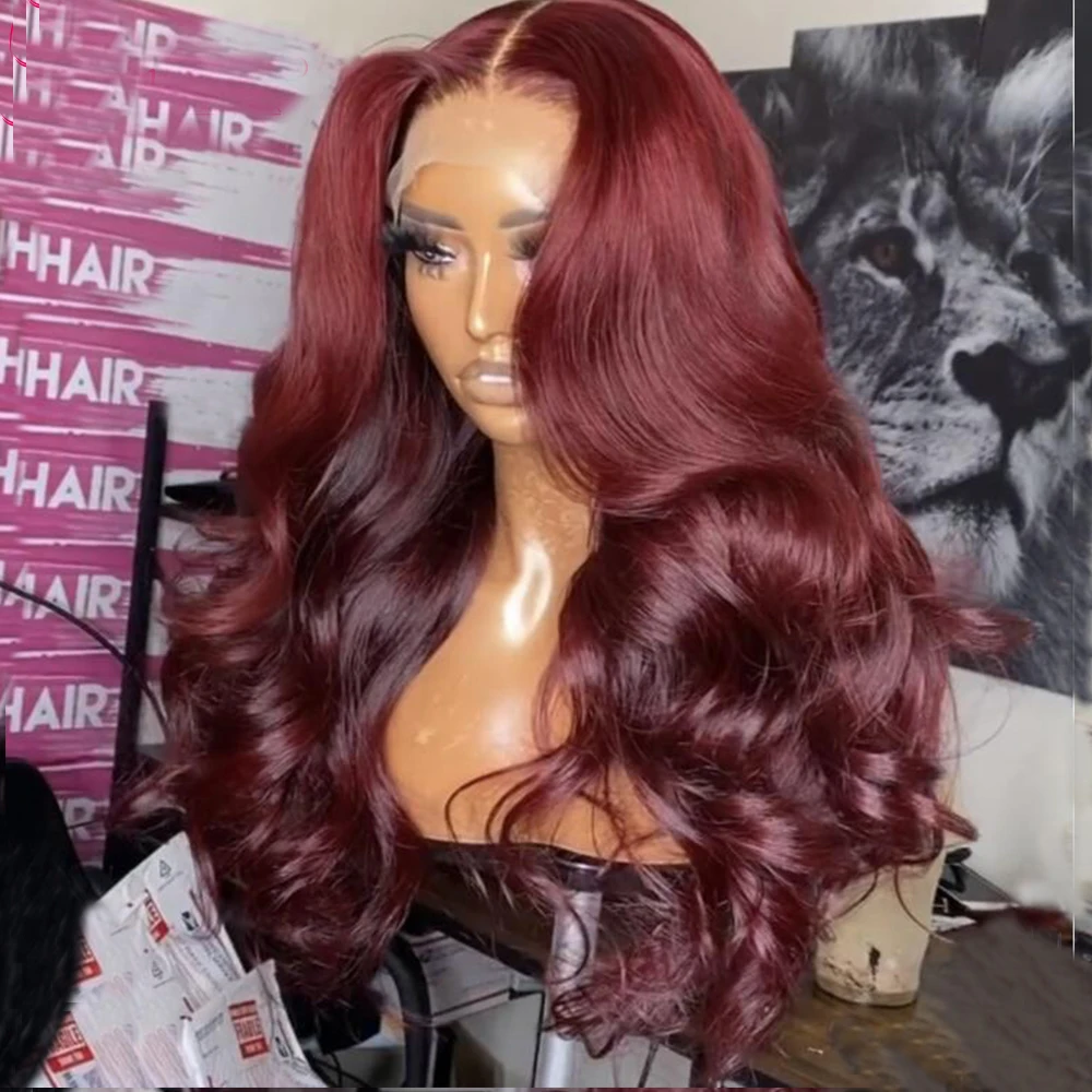 

Wine Red Body Wave Lace Front Wig 99J Synthetic Natural Hair Cosplay 26'' Heat Resistant 180% Middle Part Frontal Wigs For Women