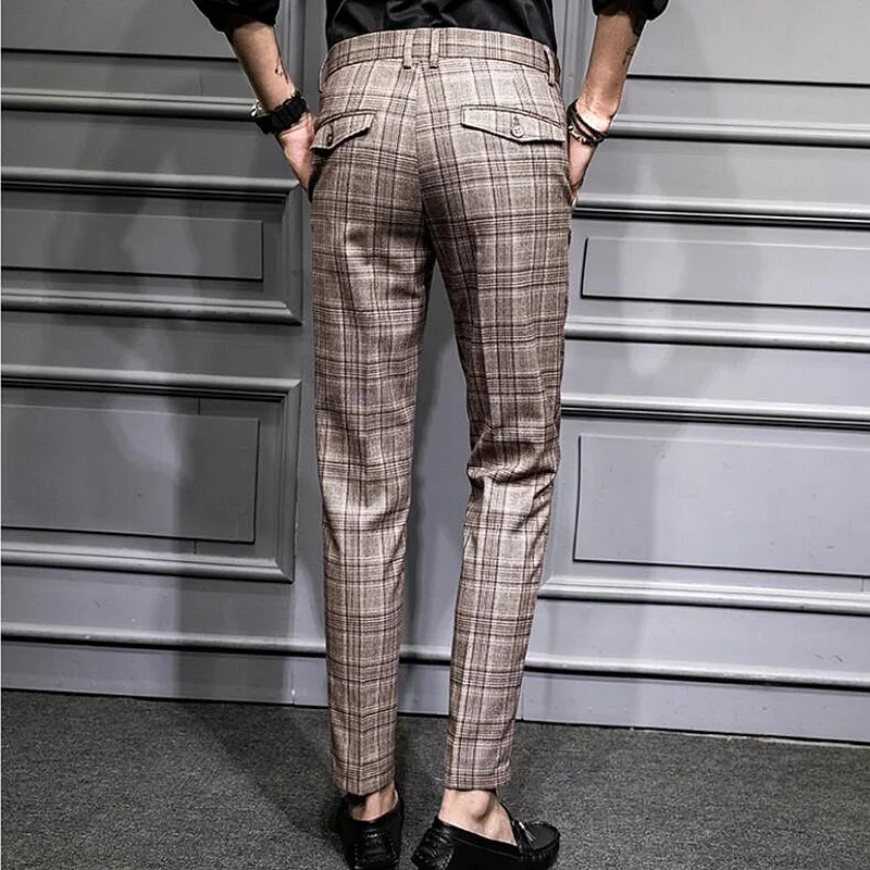 Британский стиль хаки серый решетки мужские брюки костюм Бизнес повседневные