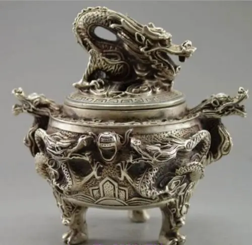 

Chinese Old Handwork Tibet Silver Carved Dragon Incense Burner