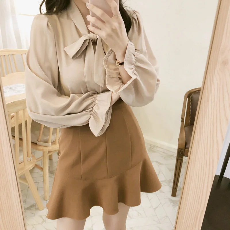 Женская шифоновая блузка с бантом белая элегантная офисная в Корейском стиле