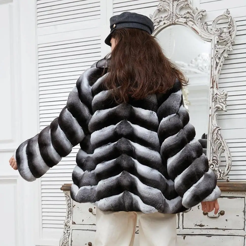 Mid-length Natural Rex Rabbit Fur Jacket with Turn-down Collar Fashion Chinchilla Color Genuine Rex Rabbit Fur Coat Women Outfit