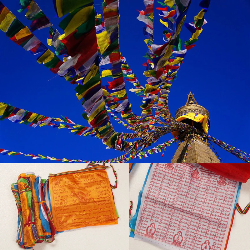 Religious Flags Tibetan Buddhist Supplies Colour Print Prayer Flag Artificial Silk Tibet Lung Ta Banner Scriptures  3 Sizes