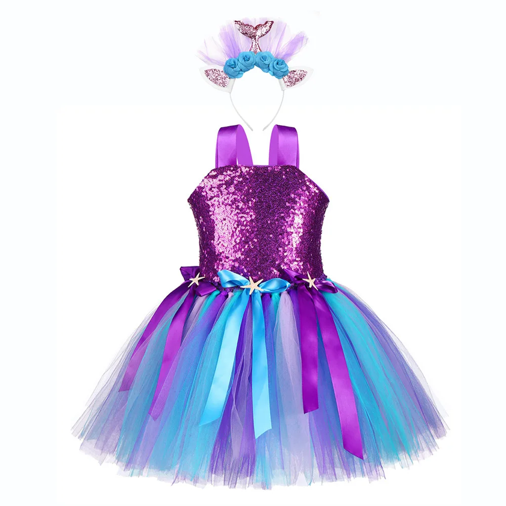 Purple Mermaid Dress Платье принцессы Ариэль с блестками; костюмы русалки на день рождения для девочек; Детские платья с рисунком морской звезды; одежда для фотосъемки - Цвет: Purple Mermaid Dress