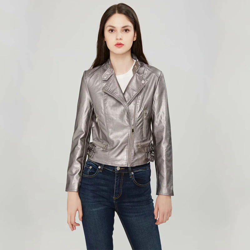 

TMODA254 Autumn Winter Women Faux Leather Jackets Coats Lady Pu Motorcycle Shining Gary Zipper Coat Streetwear Biker Outerwear