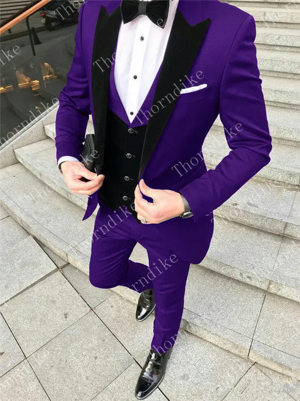 Purple Purple Three Pieces Groom Suit Custom Made Tuxedos For Men Groomsman Bridegroom Wedding Best Man Suits( jacket+Pants+vest - Цвет: Purple