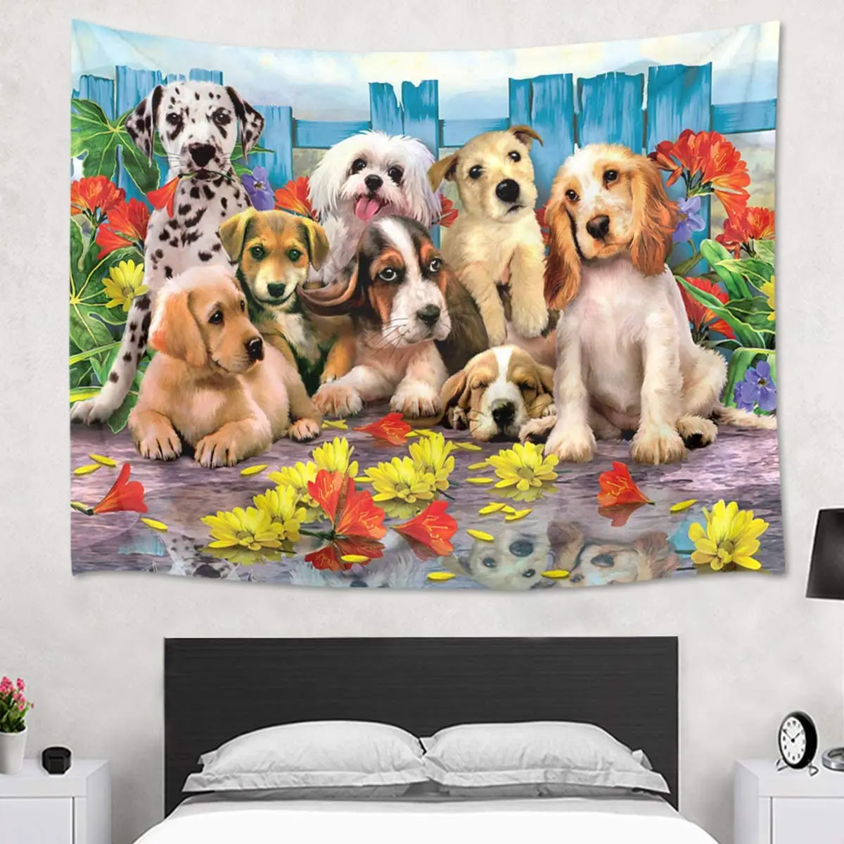 Animal Tapestry Cute Dogs with Flowers in Garden Wall Hanging Rural Scenery Tapestries for Bedroom Living Room Dorm Party Decor | Дом и сад
