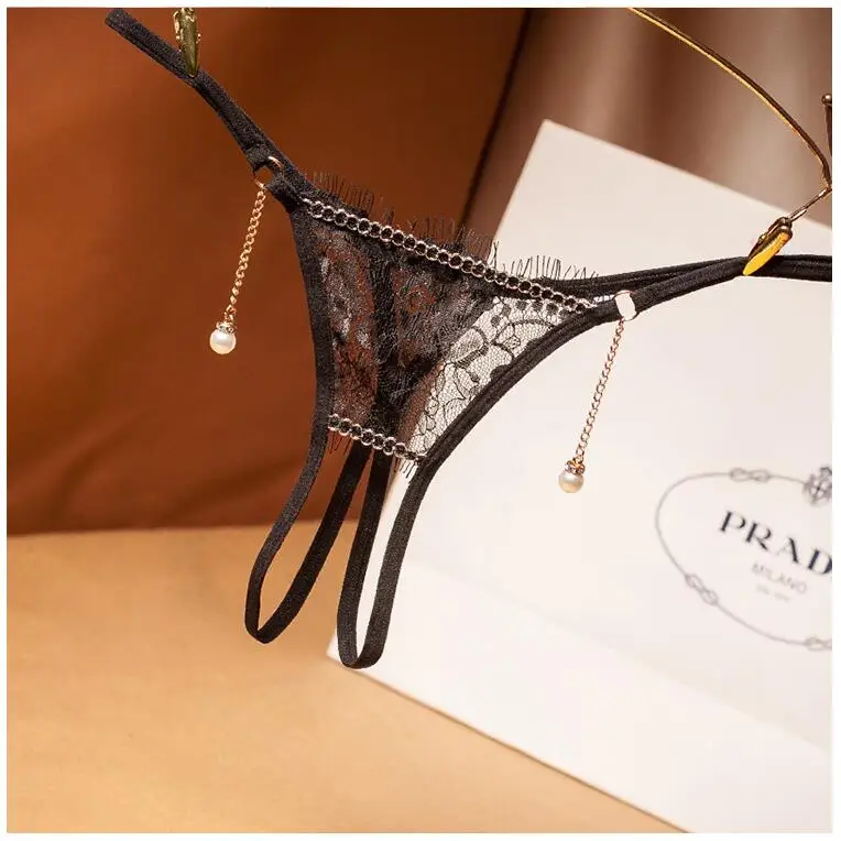 Flower Embroidery Net Yarn Open Crotch Sexy Panties For Women With Pearl Drop Pendant Thongs and G strings Underwear - Цвет: black