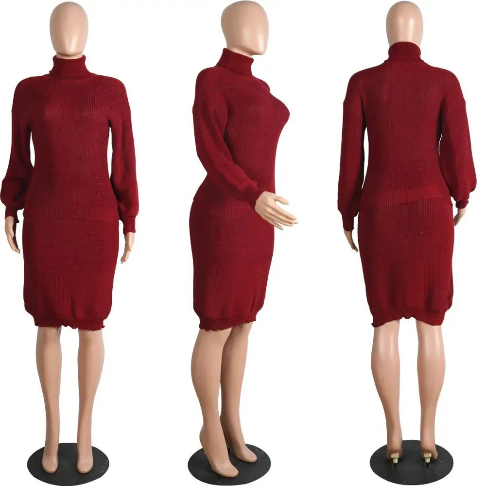 

Best Sale Women Sweater Sets Fashion Turtle Neck Long Sleeve Pullover Loose Sweater + Bodycon Skirt Mid Calf Two Pieces Outfits