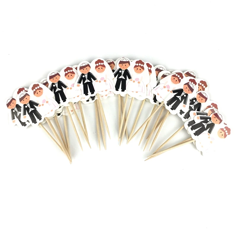 

24pcs Groom Bride Cupcake Topper Engaged Couple Lovers Wedding Anniversary Cake Dessert Decoration Wedding Fruit Toothpick Flag