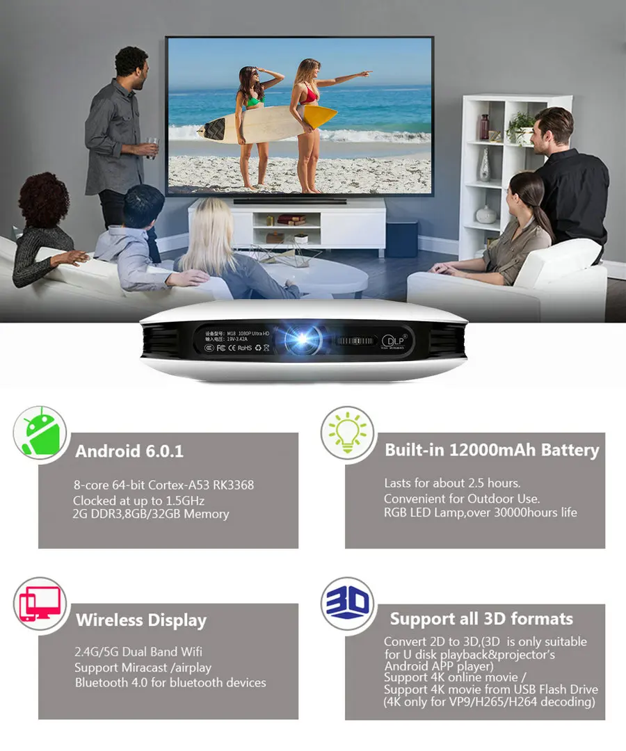 Vivicine 1080p 3D 4K проектор, Android wifi HDMI USB Full HD мини ПК игра домашний кинотеатр проектор 12000 мАч аккумулятор