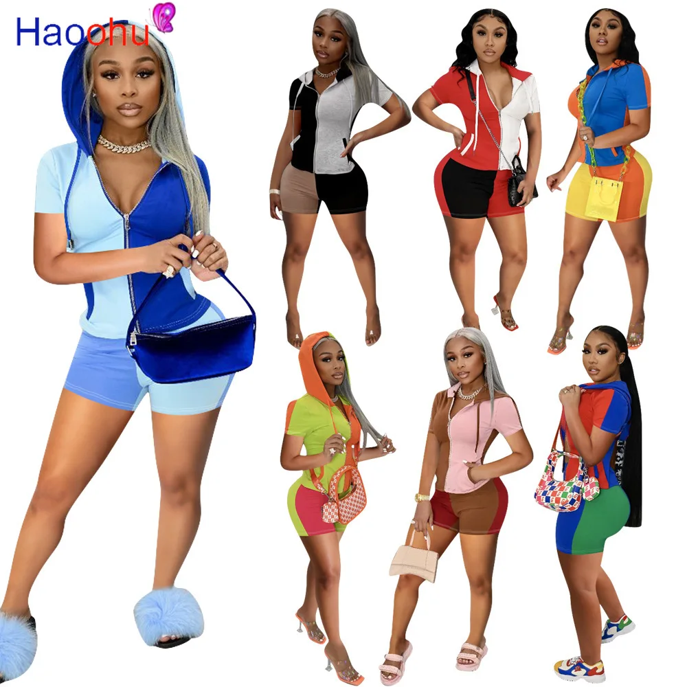 

HAOOHU Fashion Patchwork Women's Set Outfits Acitve Short Sleeve Hooded Tops and Shorts Two Piece Set Sport Tracksuit Sweatsuit