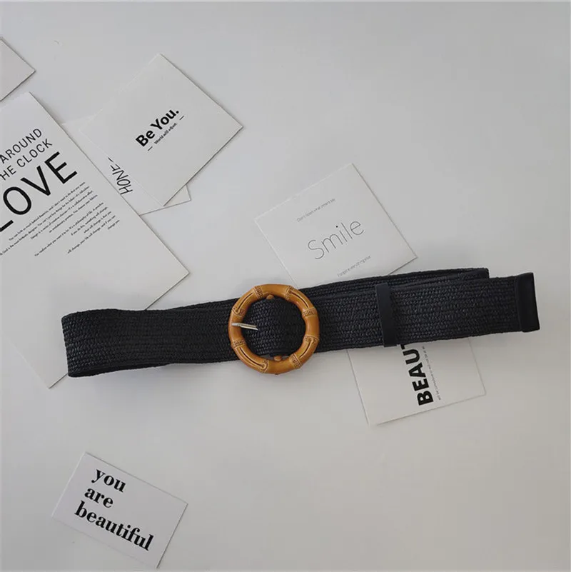 

Simple round Wood Grain Buckle Elastic Non-Hole Belt Women's All-Match Dress Skirt Belt Korean Ornament Waist Seal Women's Wide