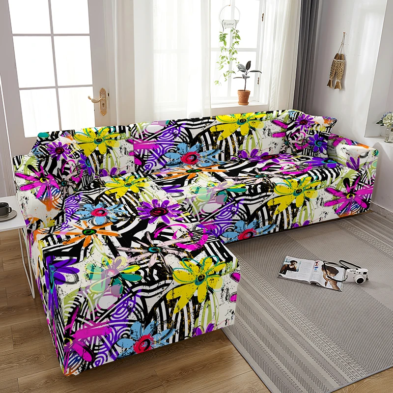 Oil Painting Flowers L Shape Elastic Sofa Cover For Living Room Stretch Corner Combination Couch Covers Universal Slipcovers | Дом и сад