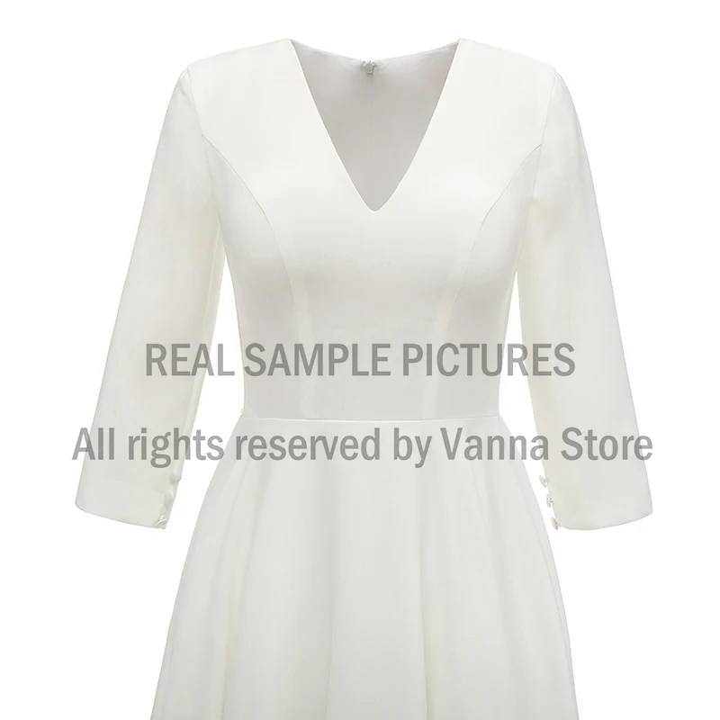 Simple Satin Bridal Gown Ankle Length Wedding Party V Neck 3/4 Sleeves 2020 Cheap Plain Bridesmaid Gown Real Sample Photo 2059#