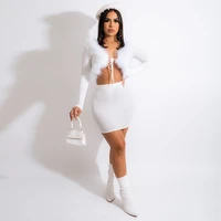 skmy 2021 autumn new sexy club outfits solid color white long sleeve furry lace up crop top fashion two piece set women skirt