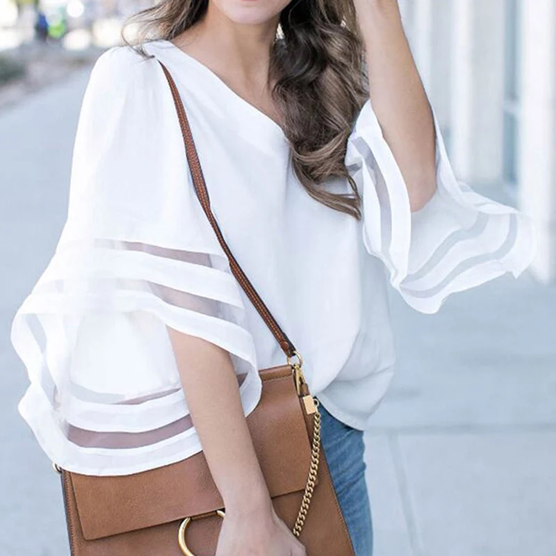 Весенне летняя блузка женская кружевная сетчатая Лоскутная шифоновая рубашка с