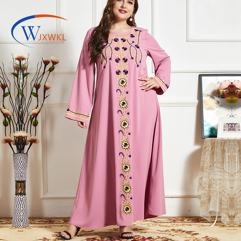 WJXWKL 2021 Plus Size Fashion Spring Autumn Gold Thread Embroidery Solid Color Contrast Patchwork Arabic Robe Pink Maxi Dress